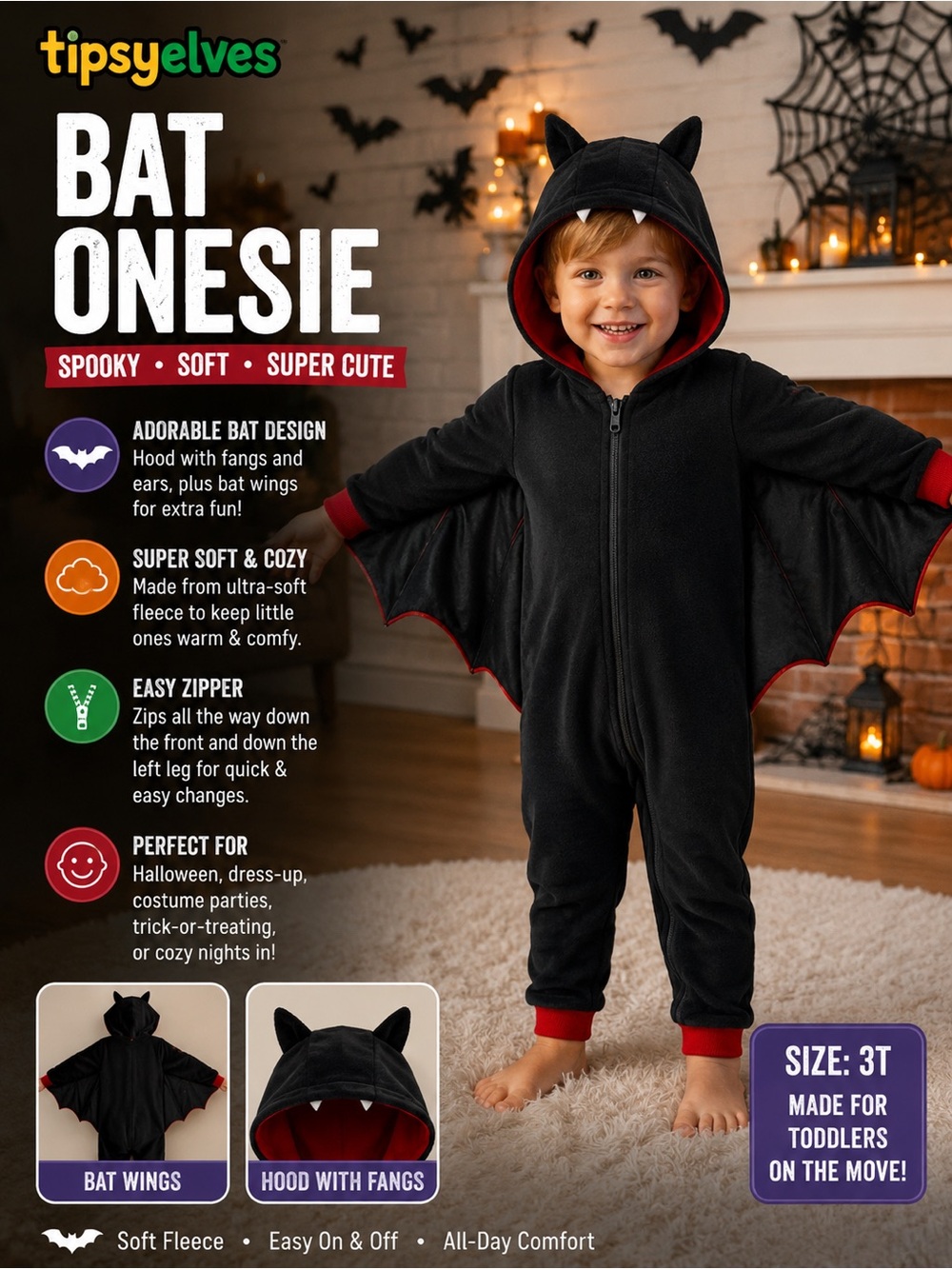 Tipsy Elves Toddler Bat Onesie - Black with Red Accents